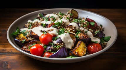 A vibrant and healthy salad with quinoa, roasted vegetables, and a tangy tahini dressing, presented in a modern bowl.