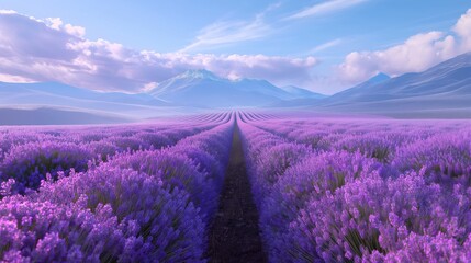 Obraz premium A panoramic view of a lavender field in full bloom, stretching towards the horizon in a sea of vibrant purple.