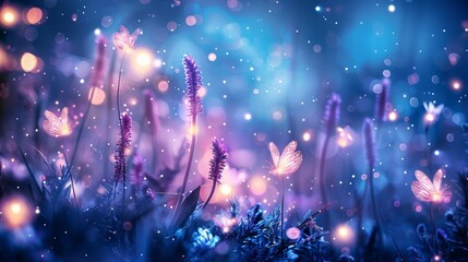   A sky filled with butterflies and a field of purple flowers with a blue bokeh of light in the background