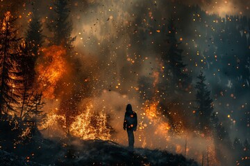 Lone Figure Amidst Fiery Wildfire in Forest at Dusk