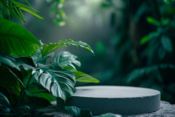 Round gray stone cosmetics product advertising podium stand with tropical leaves background. Empty natural stone pedestal platform to display beauty product. Mockup