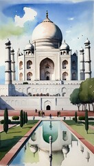 Naklejka premium Drawing the Majestic Beauty of Agra: A Fine Art Tribute to India's Iconic Taj Mahal, blending heritage, culture, and artistic expression in ink and watercolor sketches of the historical building's stu