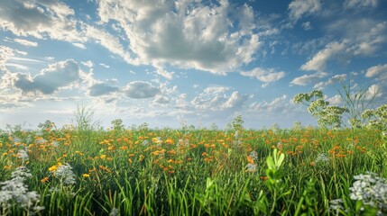 A restored prairie landscape alive with native grasses and wildflowers, providing habitat for pollinators and wildlife.