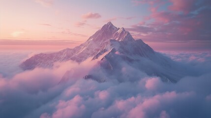 A rugged mountain peak piercing through a sea of clouds at twilight