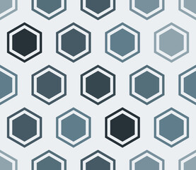 Pattern of geometric shapes. Hexagon bold mosaic cell with padding and inner solid cells. Blue color tones. Large hexagons. Seamless pattern. Tileable vector illustration.