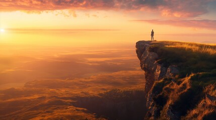 A solitary figure standing on a cliff overlooking a vast, rolling landscape, illuminated by the warm hues of a setting sun.