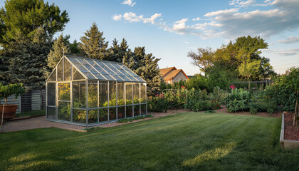 Glass greenhouse in garden - Powered by Adobe