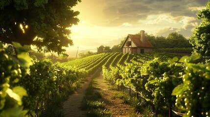 A sun-drenched vineyard with rows of grapevines leading up to a quaint farmhouse