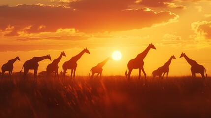 A sunset over the savanna, casting a warm glow on the silhouettes of grazing giraffes