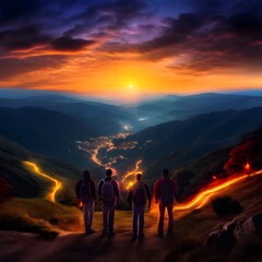 Fototapeta premium sunset in the mountains, friends trip, a beautiful mountain, a different lights