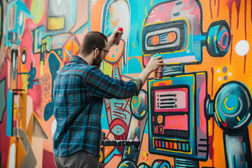 Man painting a colorful graffiti robot on a street wall