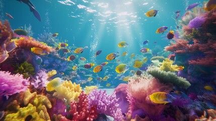 A vibrant coral reef teeming with colorful fish, explored by a scuba diver in clear turquoise water.