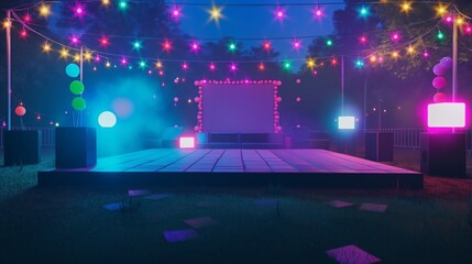 A vibrant dance floor set up on a lawn with glowing neon lights at night.