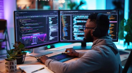 A focused software developer codes on a dual monitor setup in a modern office environment with a minimalist aesthetic. AIG41