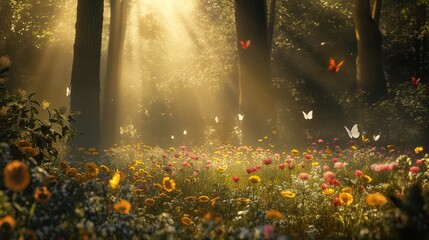 A warm, sunlit forest clearing with a carpet of wildflowers and butterflies