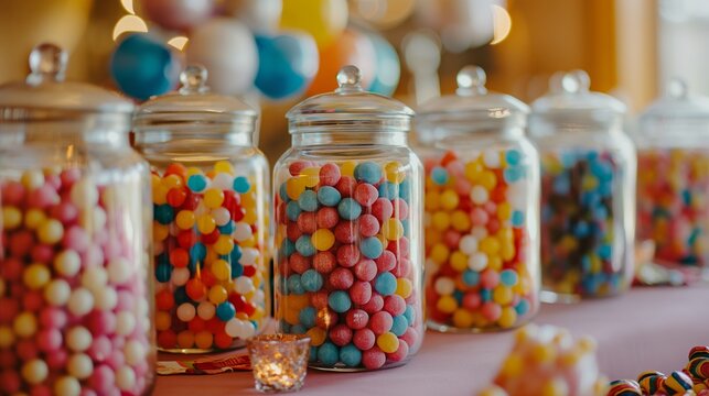 A whimsical candy buffet featuring jars filled with colorful candies, lollipops, gumballs, and chocolate treats, arranged in a playful display for guests to indulge their sweet tooth.