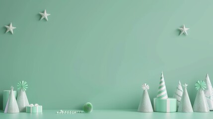 Mint background with white and silver party hats and decor. Event celebration mockup