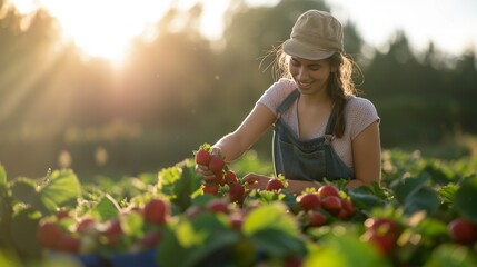 A woman picking strawberries in a sunlit field - Powered by Adobe
