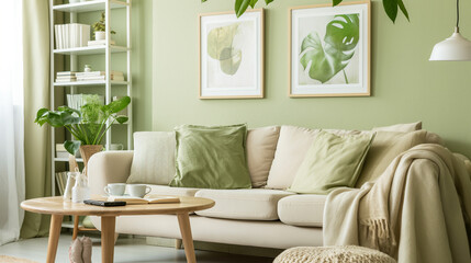 Sala de estar com sofás beges e quadros com plantas verdes -Papel de parede