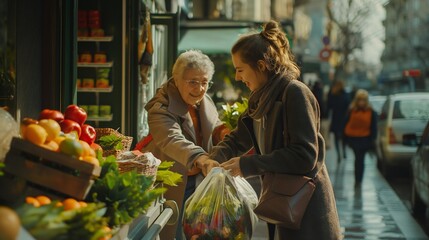 A young woman helping an elderly lady carry her groceries, their bond a testament to the kindness in humanity.