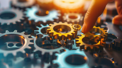 A series of gears and cogs interconnected, with a person's hand initiating movement, depicting the impact of decisions in the operational workflow, decision making, business, natur - obrazy, fototapety, plakaty