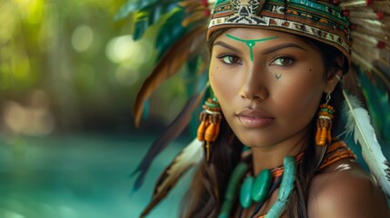 Naklejka premium Native Americans in jade jewelry and quetzal feathers. Classical Mesoamerica.