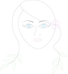 Minimalistic silhouette of a female hair face with leaves. Drawing a single line.
