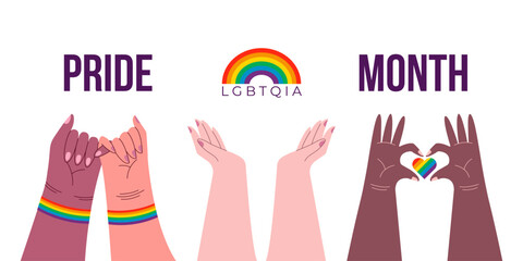 Pride Month Multiracial Hands Banner. People celebrating diversity and love with symbolic LGBT hand gestures vector illustration. LGBT rainbow heart.