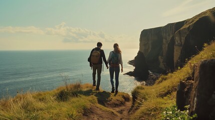 Obraz premium Couples hiking hand in hand along a rugged coastal trail with dramatic cliffs plunging into the sea.