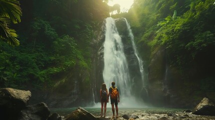 Couples hiking to a secluded waterfall hidden deep in the forest, its mist shimmering in the sunlight.