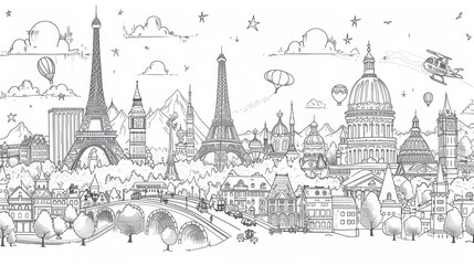 Whimsical line art characters exploring various destinations and attractions.