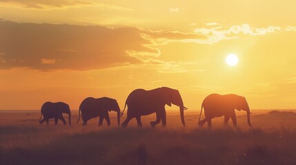 Family of elephants trekking across the vast savannah, their silhouettes outlined against the setting sun.