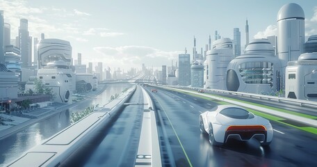 A pristine and sleek autonomous vehicle travels through a futuristic cityscape with impressive skyscrapers and modern infrastructure on a bright, sunny day