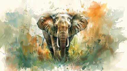 Watercolor illustration of elephant with a vibrant abstract backdrop. Elephant art. Concept of colorful design, colorful nursery decor, cute animal.