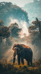 Elephant in the wild nature. Majestic animal in its natural habitat. Concept of wildlife, savanna ecosystem, nature conservation, natural beauty. Vertical format