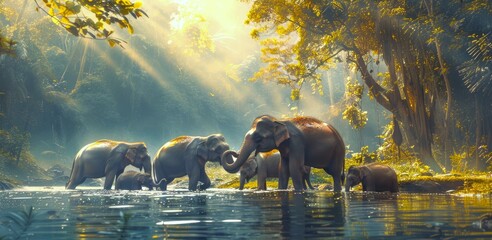 Elephant family gently roaming in a sunlit forest. Golden light bathes the tranquil scene. Concept of family unity, wildlife in nature, and peaceful coexistence.