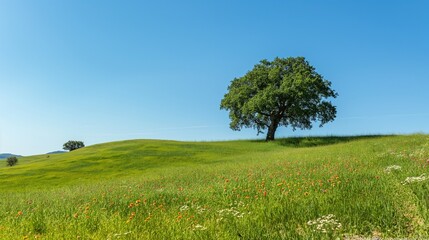 Rolling green hills dotted with wildflowers and a single oak tree under a clear blue sky