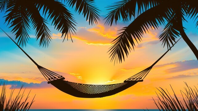 Portrait of silhouette hammock and palm leaf in tropical sunset. generative AI image