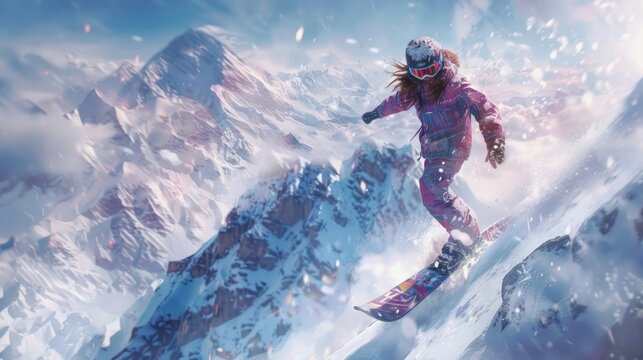 Portrait of young girl snowboarding in winter . generative AI image