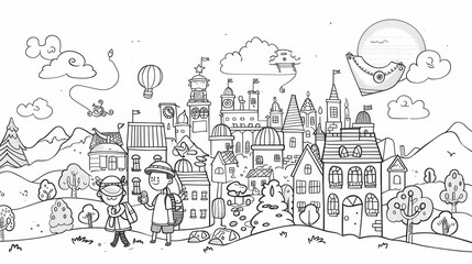 Obraz premium Whimsical line art characters exploring various destinations and attractions.
