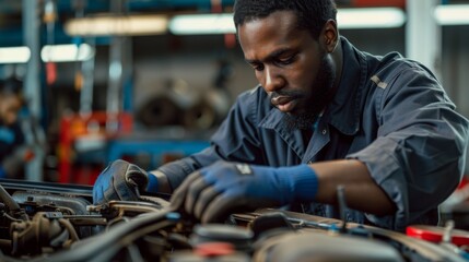 A focused African American mechanic intensely works on a car engine, showcasing expertise and concentration in the workshop