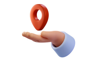 3d Hand holding pin location. Position element. Laying a route, finding the location of a point on the map. Pin icon sign or navigation map locator travel GPS direction pointer. 3d render