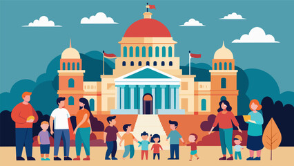 Amidst the splendor of the state capitols grand architecture families gather to enjoy a day of festivities and fun honoring the birth of our nation.. Vector illustration