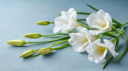   White flowers in a cluster sit atop a blue countertop A green leafy twig stands nearby