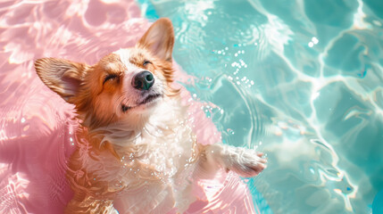 corgi dog swimming and enjoying cool water in summer, refreshing and playful pet concept