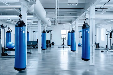 A gym with blue punching bags and fitness equipment - obrazy, fototapety, plakaty