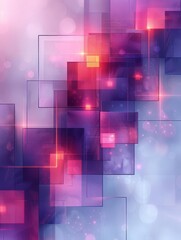 An abstract painting of squares and rectangles in shades of purple, pink, and blue. The squares appear to be floating in a sea of light.