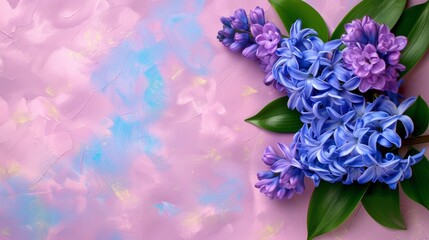   A bouquet of blue and purple flowers against a pink and blue background, featuring a green leafy plant at its core