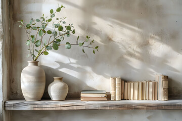 Minimalist Home Decor with Ceramic Vases and Books, Soft Natural Light, Elegant Interior Design, Ideal for Lifestyle Magazines and Blogs, Tranquil Scene with Copyspace