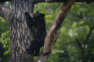 Amazing black bear are climbing in the forest and wants to play with his friend. Two bears are fighting ind the trees and trying to stay on the tree. Just wonderful animals.